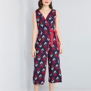 ModCloth Linen Blend Navy Floral Wrap Crop V Neck Sleeveless Jumpsuit Sz 3x